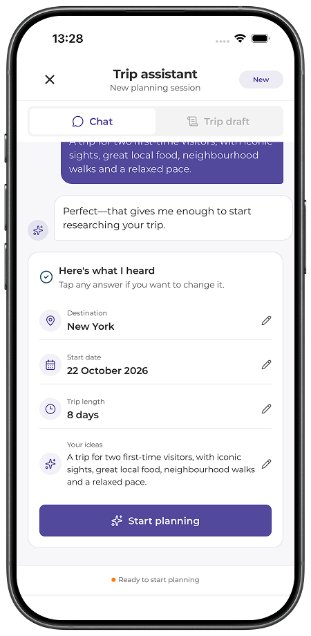 Wafflelog Trip Assistant collecting the destination, dates and trip preferences