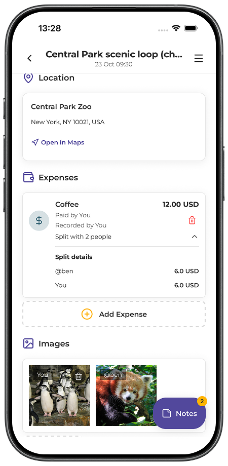 A shared Wafflelog itinerary item with an expense and photos added by travelers