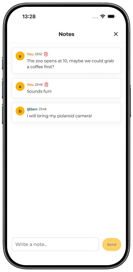 Travelers adding shared notes to a Wafflelog itinerary item