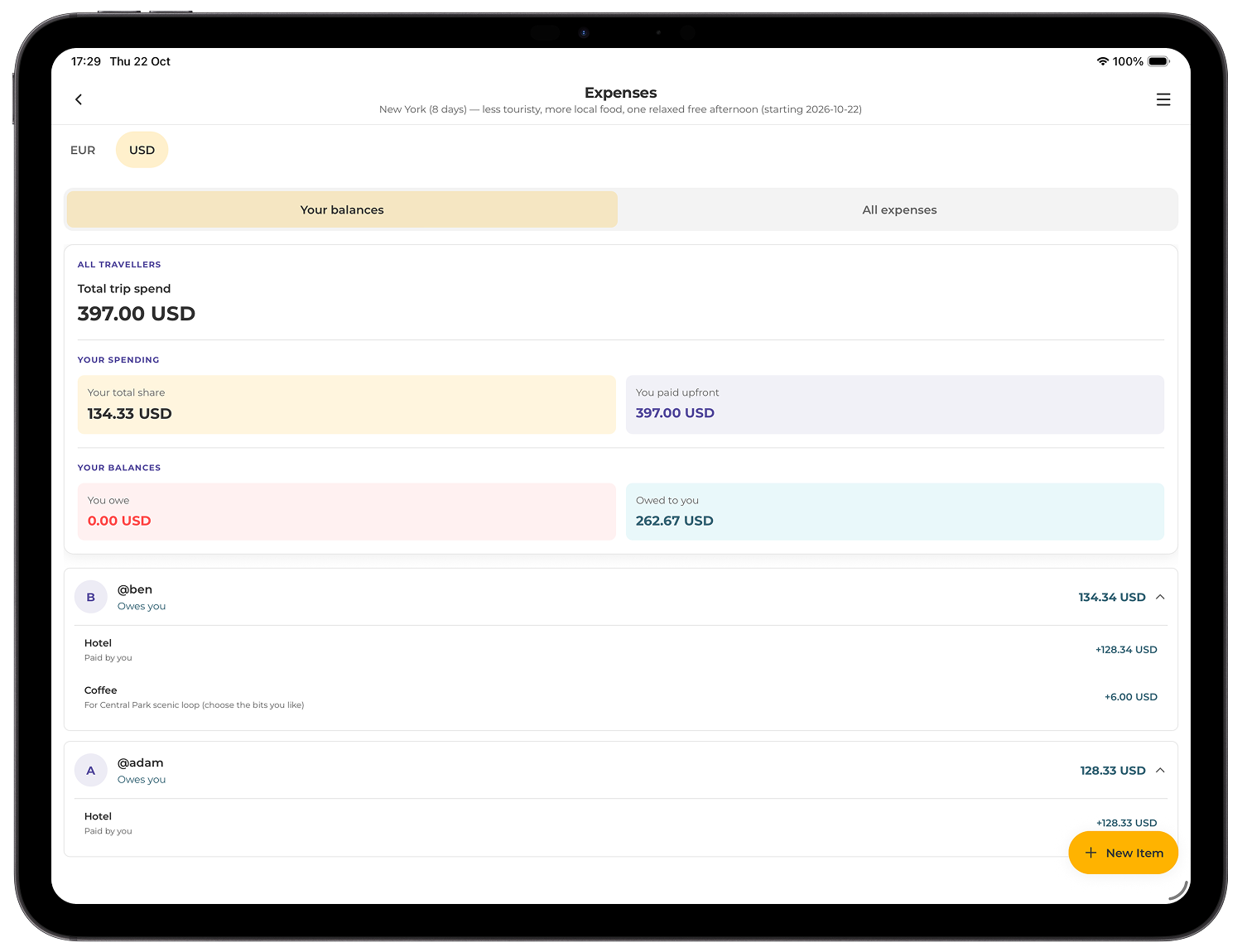Wafflelog expense overview showing total trip spend, personal share and traveler balances