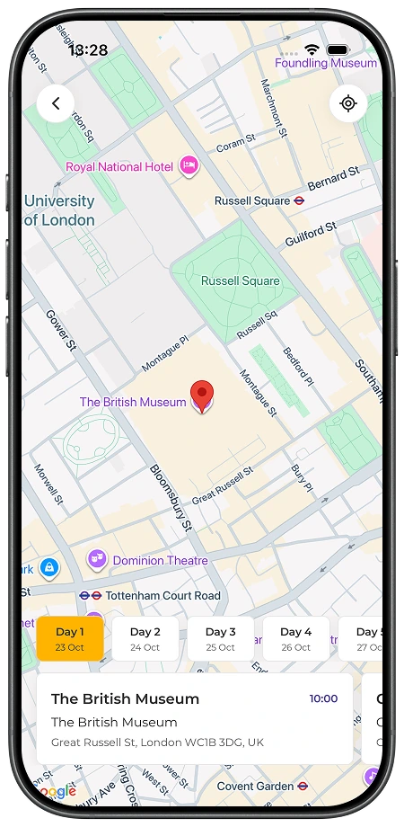 Wafflelog itinerary map showing daily plans around the British Museum