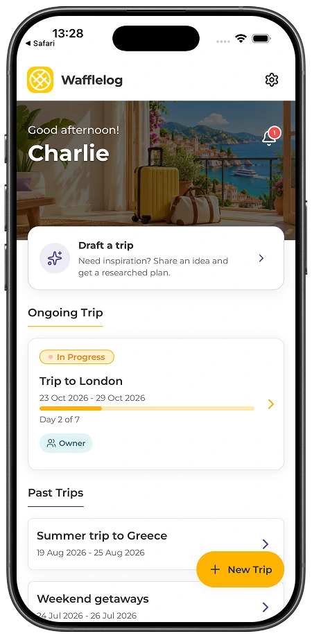 Wafflelog home screen showing an ongoing London trip and the option to draft a new trip