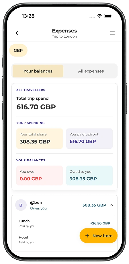 Wafflelog expenses screen showing trip spend, personal share and traveler balances